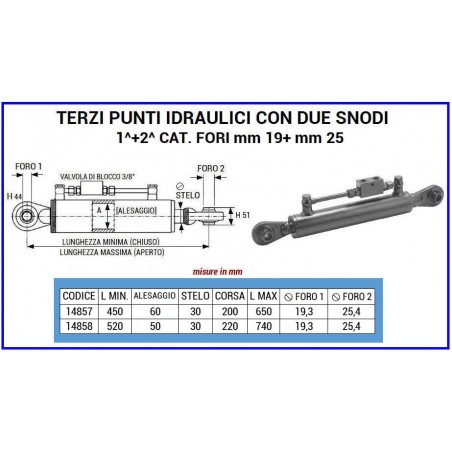 Terzo punto idraulico cat 1-1 con blocco 360-470 mm con 2 tubi